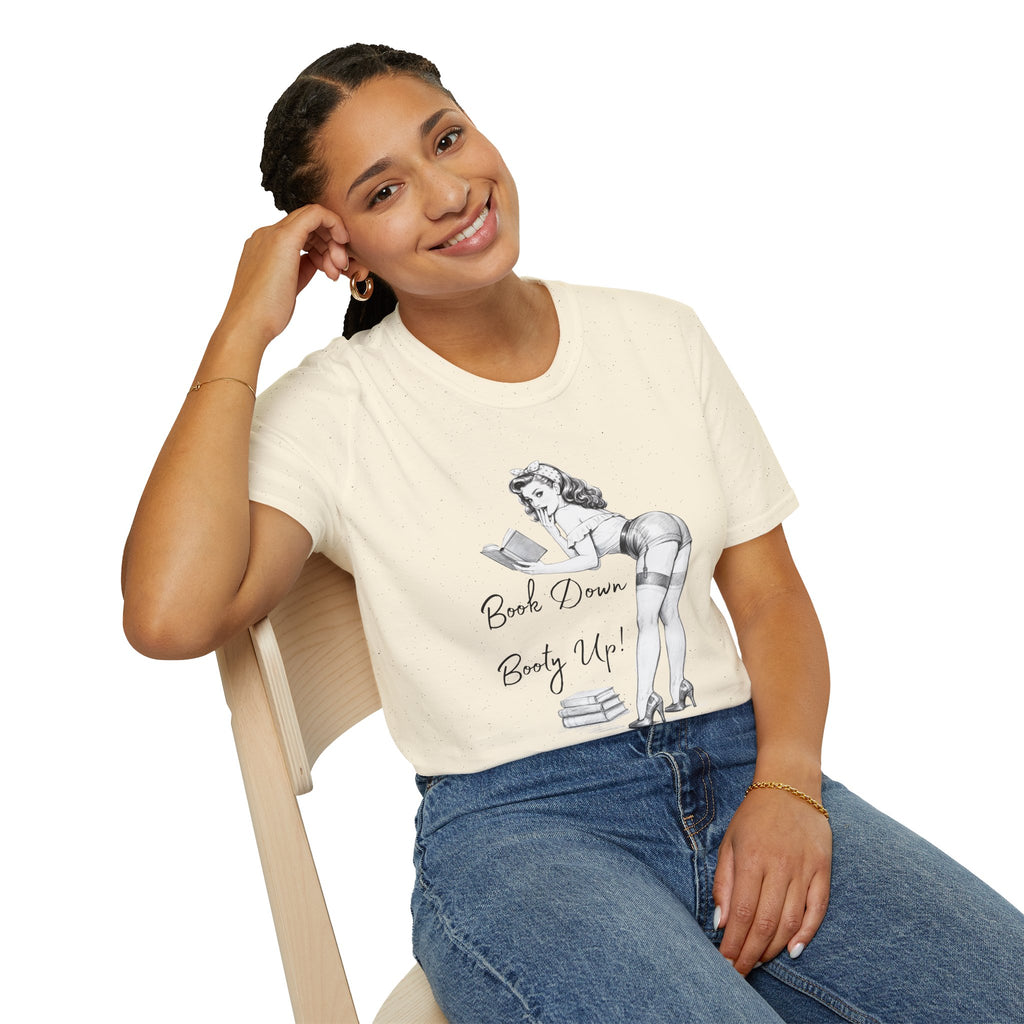 Pinup Reading Tee — "Book Down, Booty Up" Vintage Pin-Up Graphic Shirt