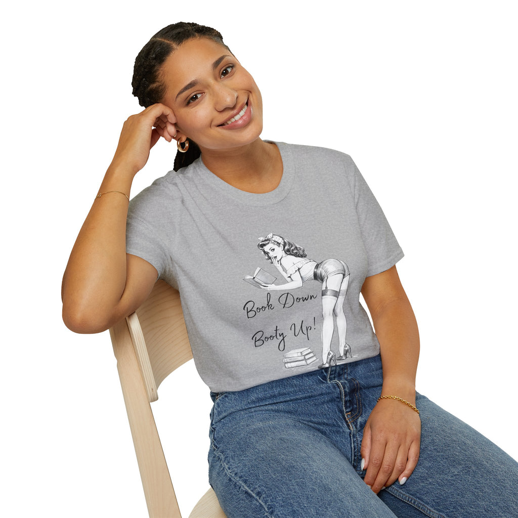 Pinup Reading Tee — "Book Down, Booty Up" Vintage Pin-Up Graphic Shirt