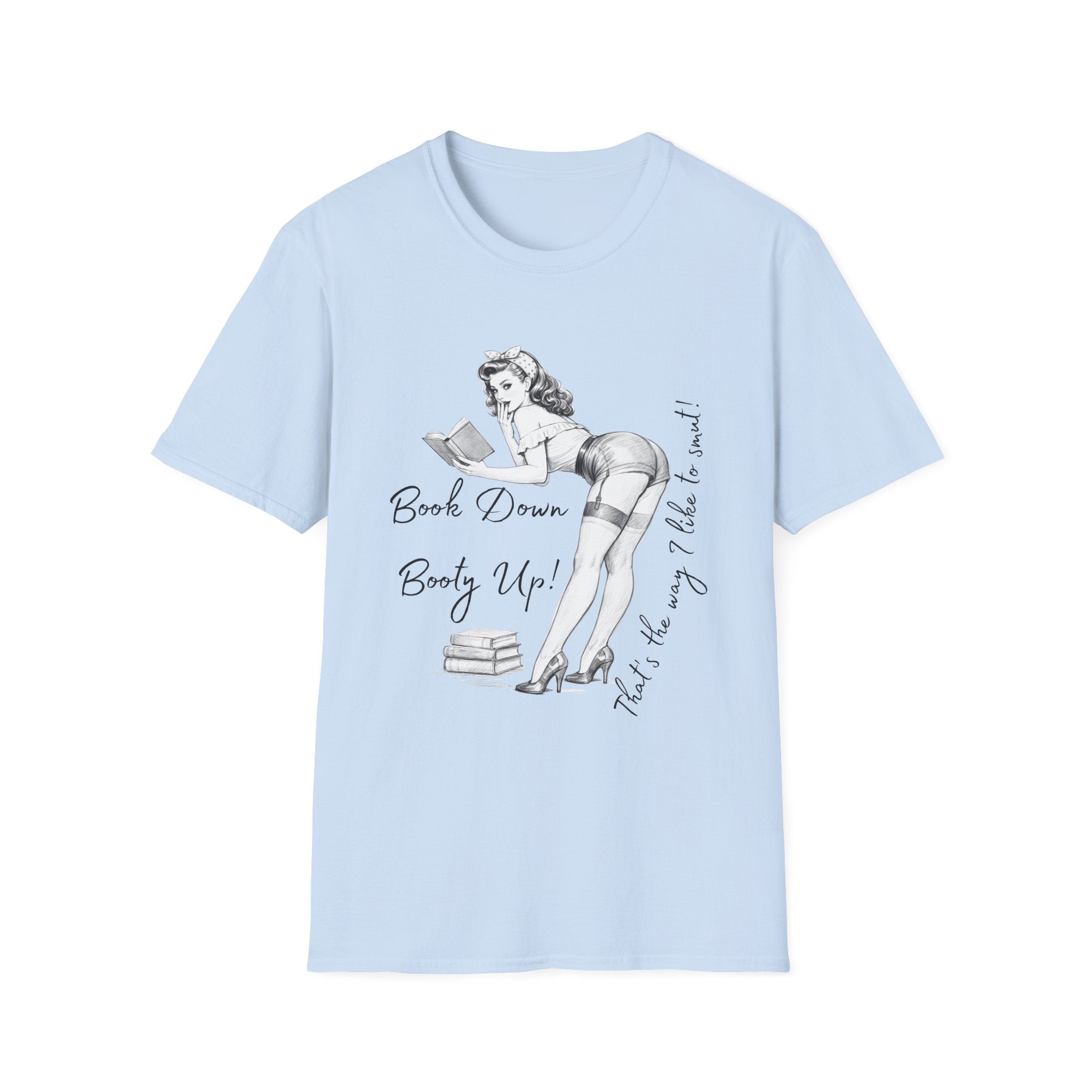 Pinup Booklover T-Shirt — "Book Down Booty Up!" Vintage Reading Tee