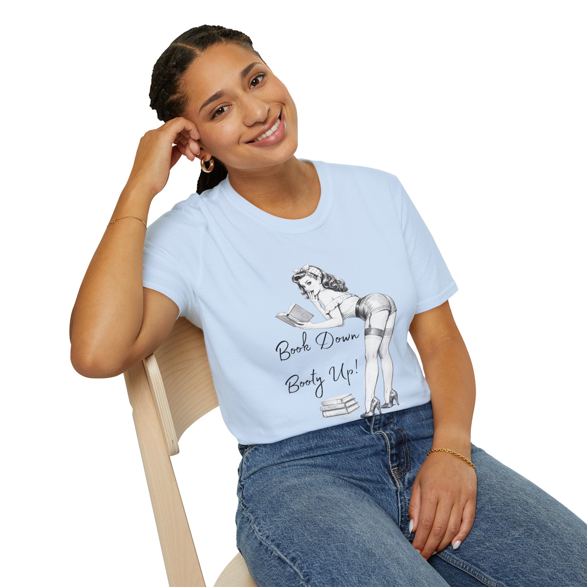 Pinup Reading Tee — "Book Down, Booty Up" Vintage Pin-Up Graphic Shirt