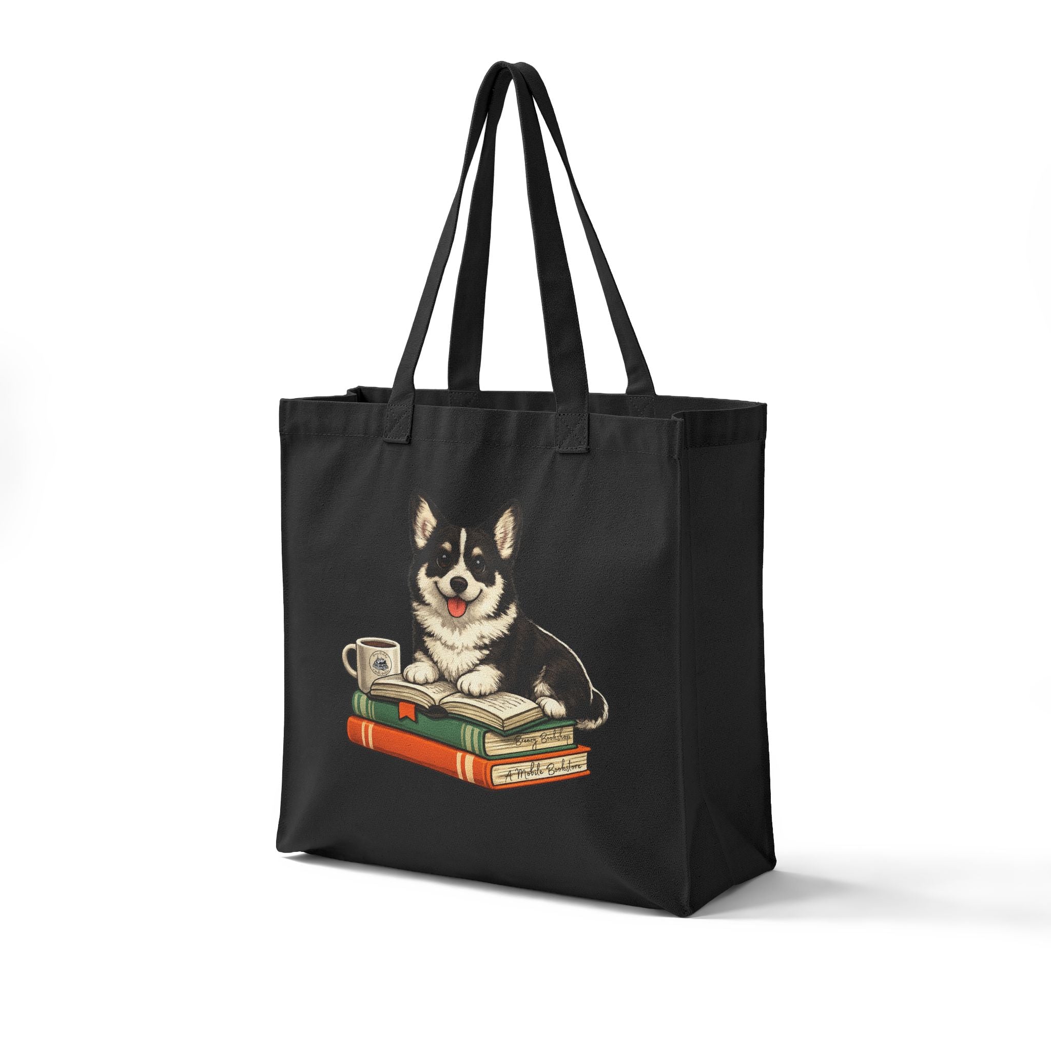 Breezy Bookshop Canvas Tote Bag — Cute Dog, Books & Coffee Grocery Tote
