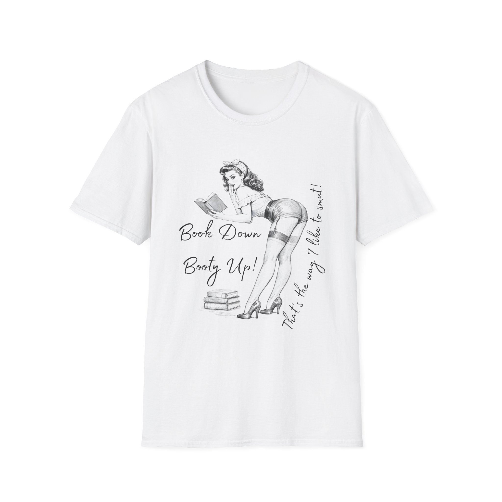 Pinup Booklover T-Shirt — "Book Down Booty Up!" Vintage Reading Tee