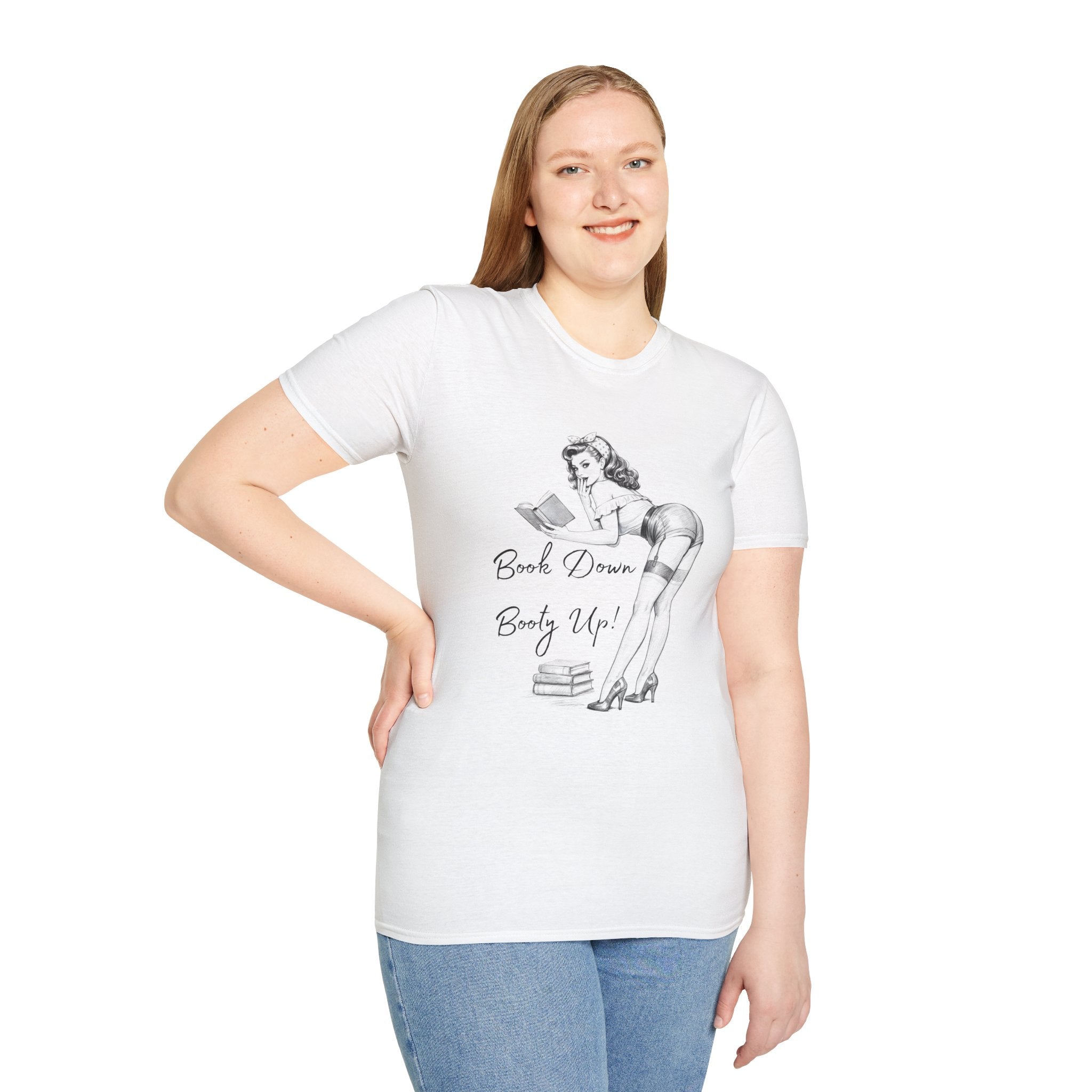 Pinup Reading Tee — "Book Down, Booty Up" Vintage Pin-Up Graphic Shirt
