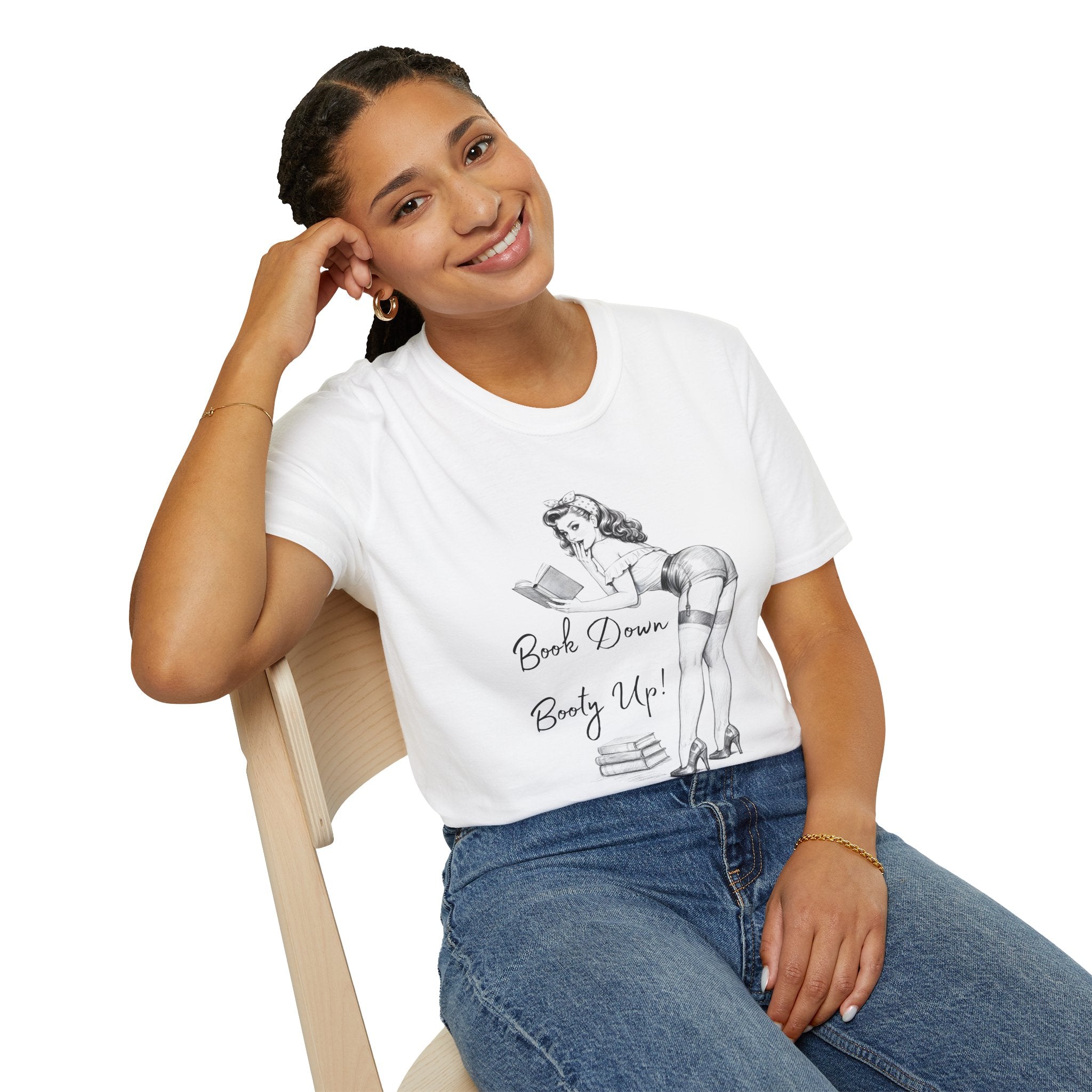 Pinup Reading Tee — "Book Down, Booty Up" Vintage Pin-Up Graphic Shirt