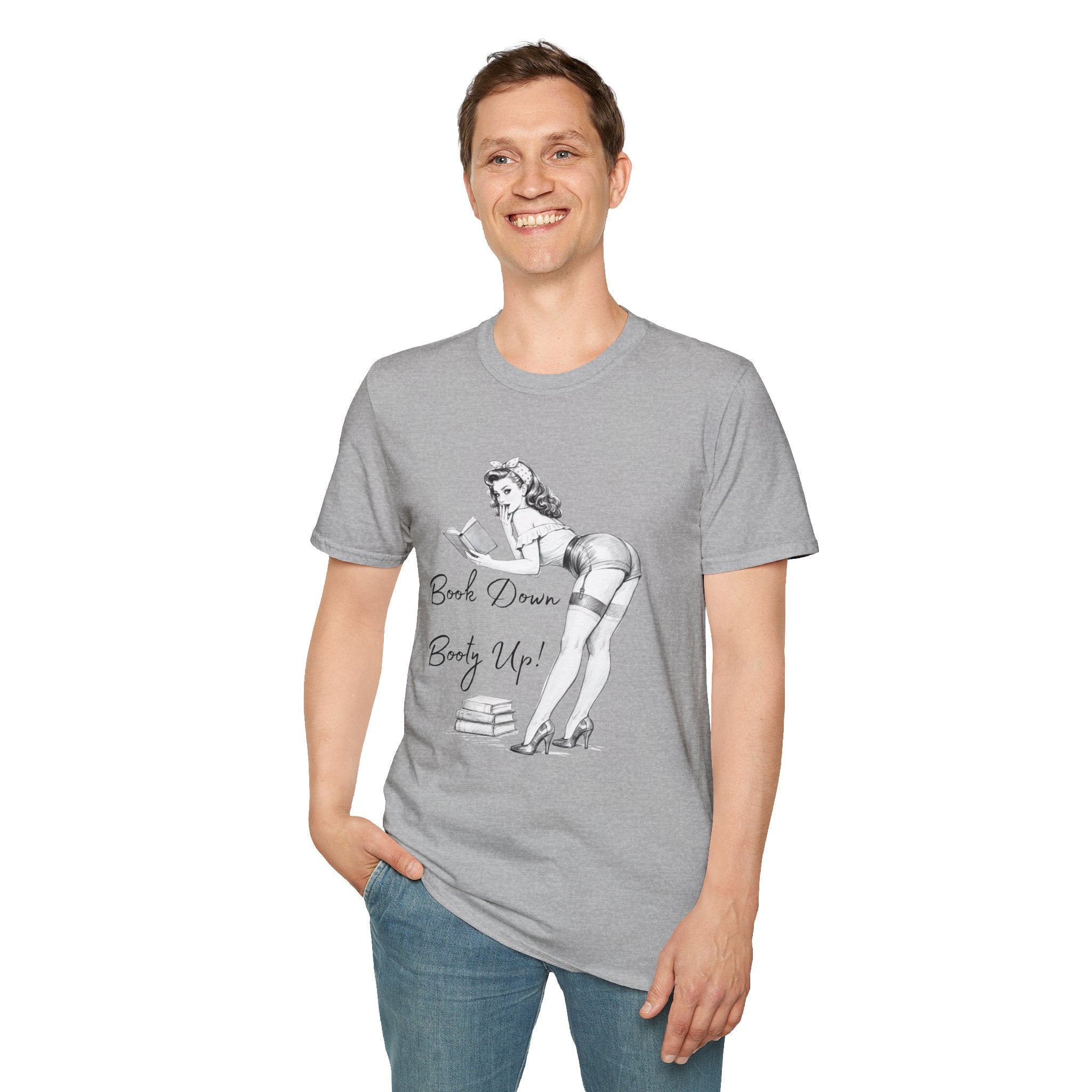 Pinup Reading Tee — "Book Down, Booty Up" Vintage Pin-Up Graphic Shirt
