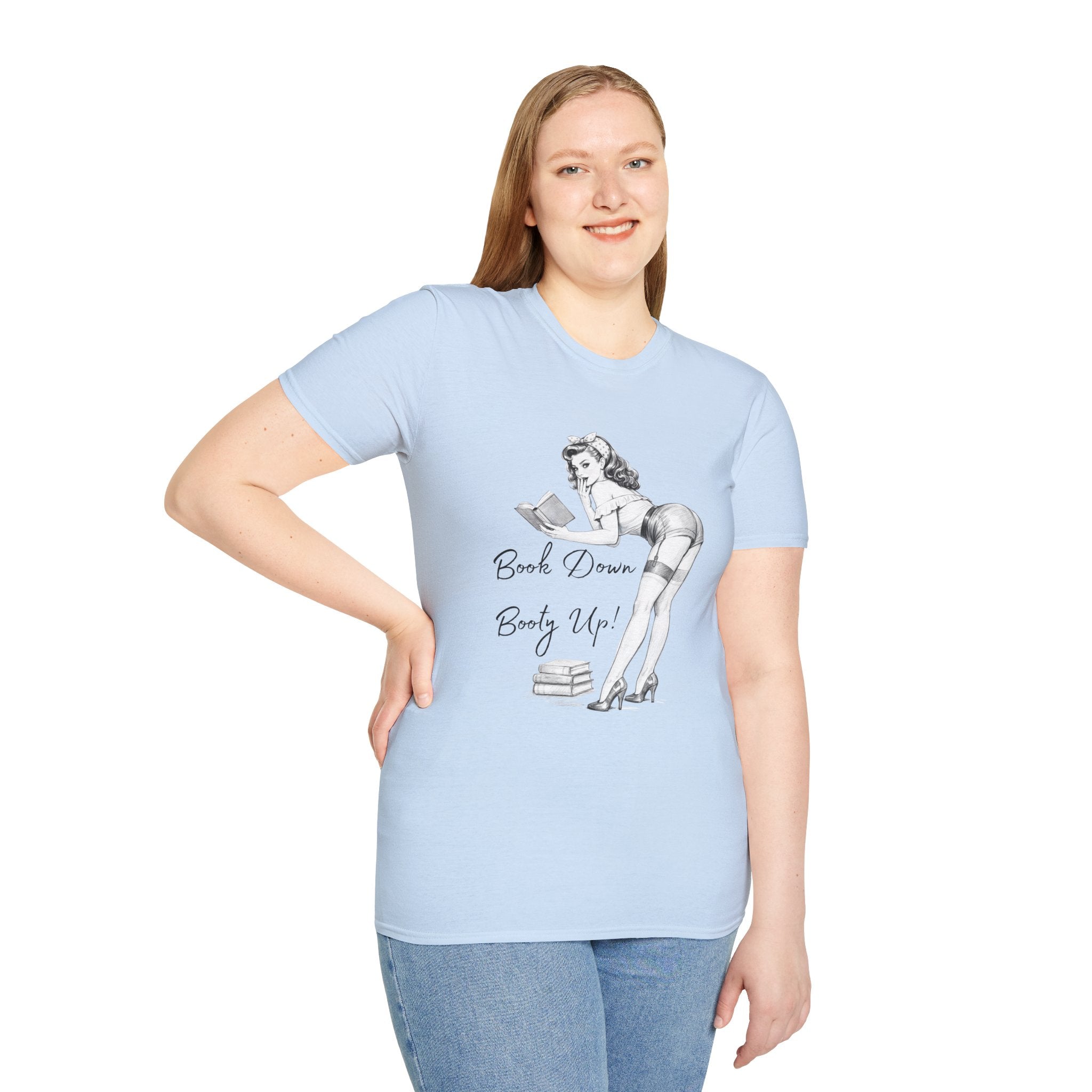 Pinup Reading Tee — "Book Down, Booty Up" Vintage Pin-Up Graphic Shirt
