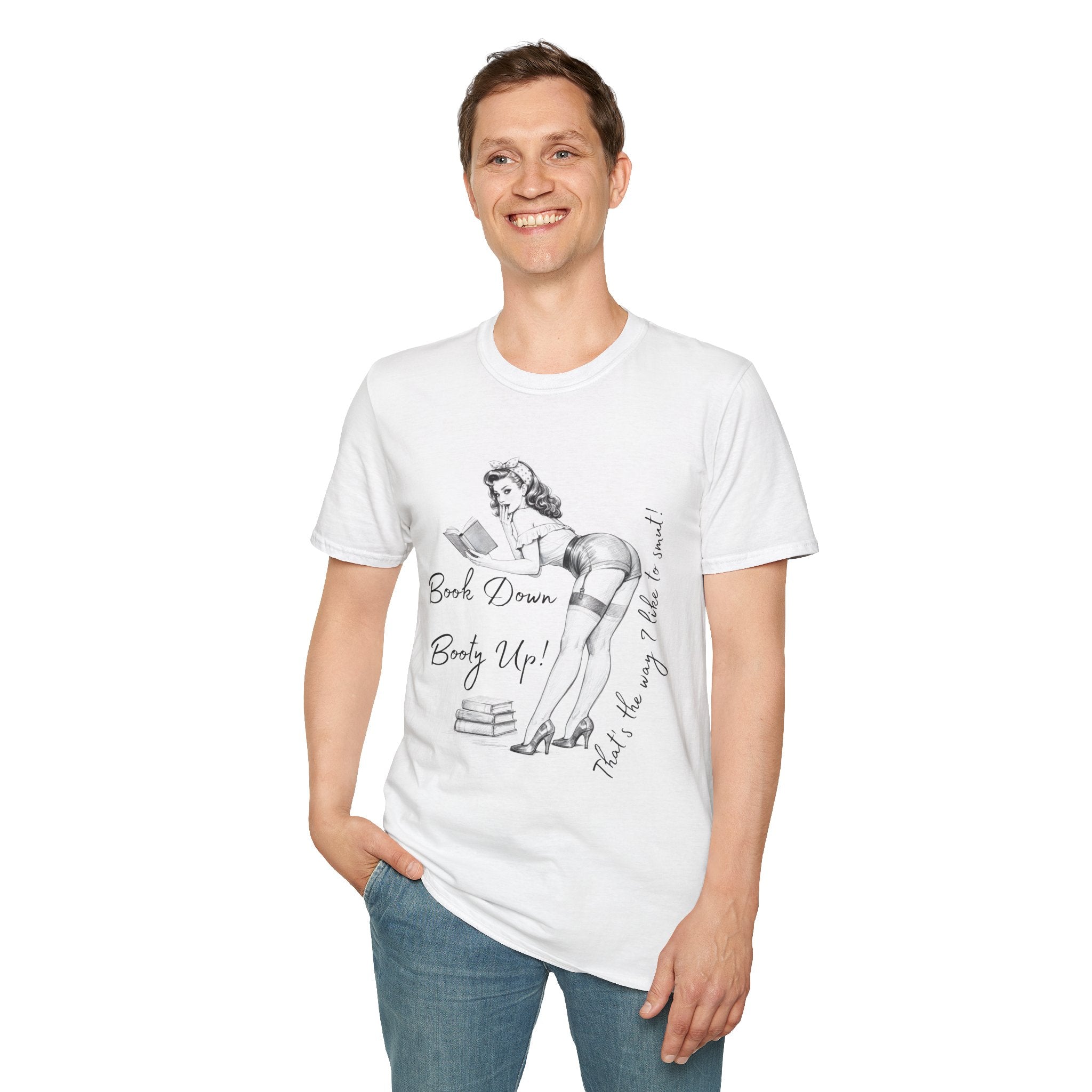 Pinup Booklover T-Shirt — "Book Down Booty Up!" Vintage Reading Tee