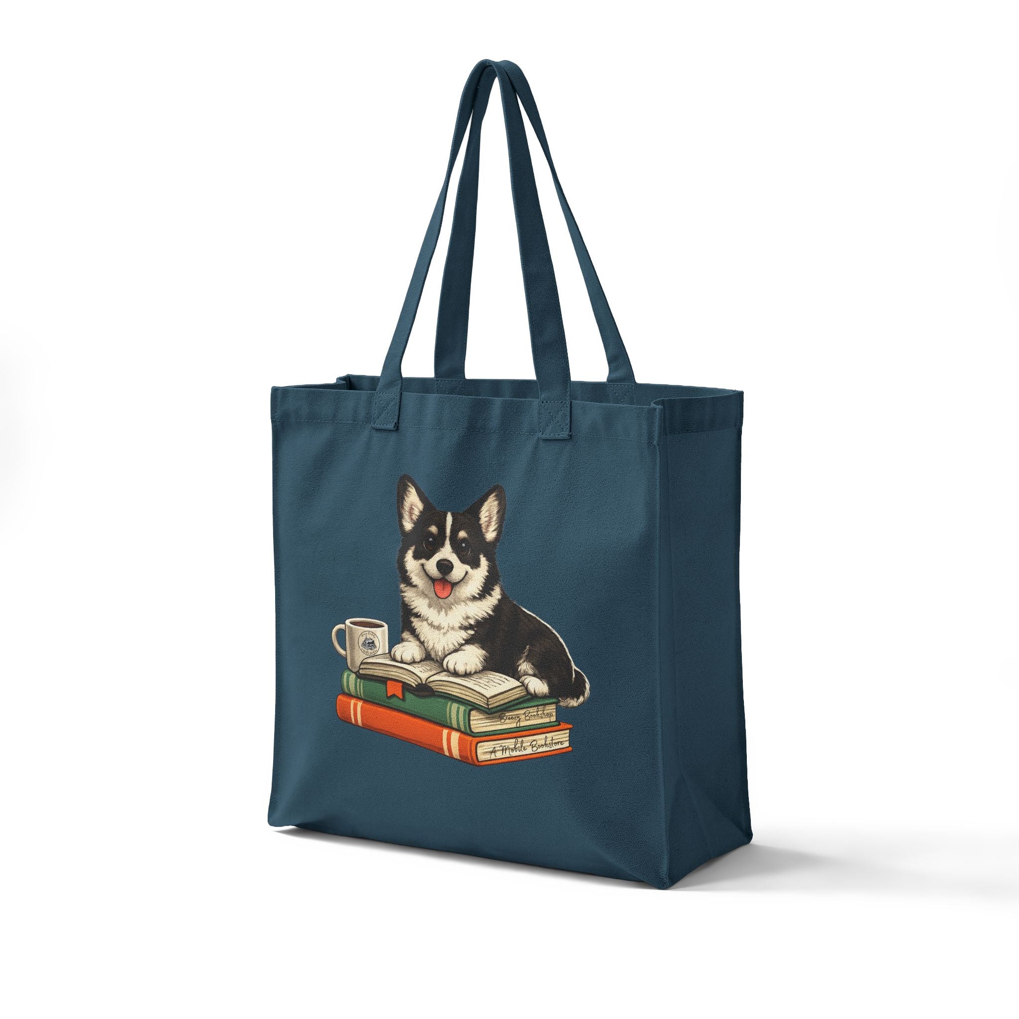 Breezy Bookshop Canvas Tote Bag — Cute Dog, Books & Coffee Grocery Tote