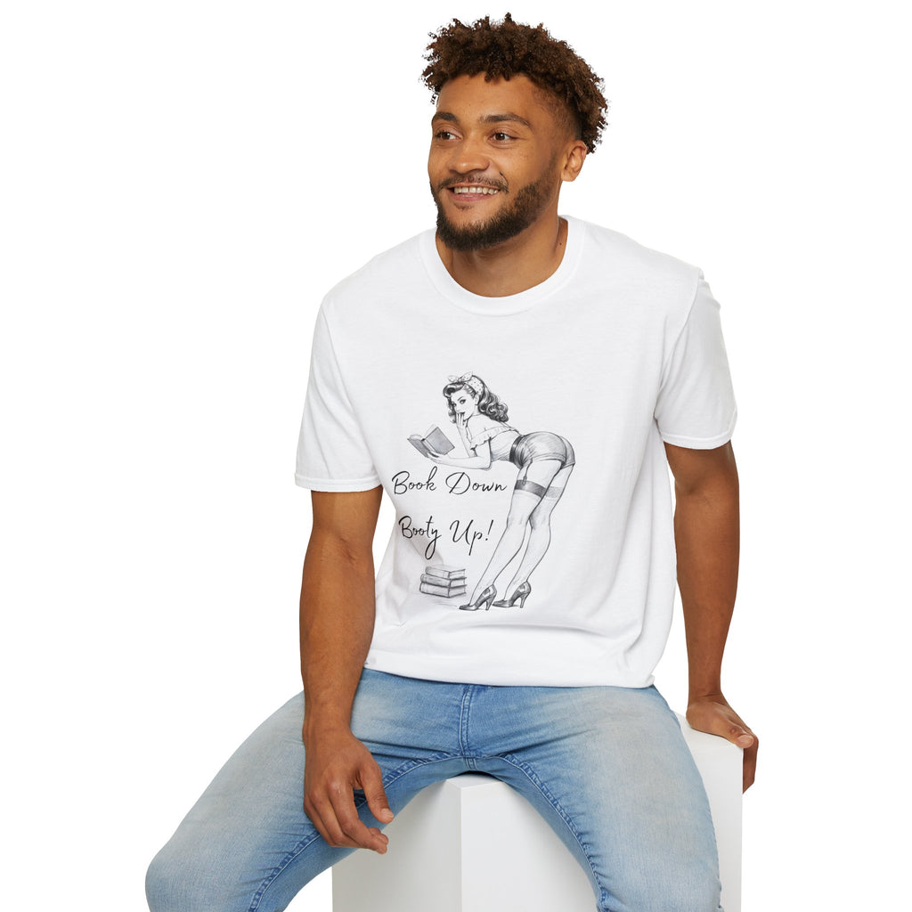 Pinup Reading Tee — "Book Down, Booty Up" Vintage Pin-Up Graphic Shirt