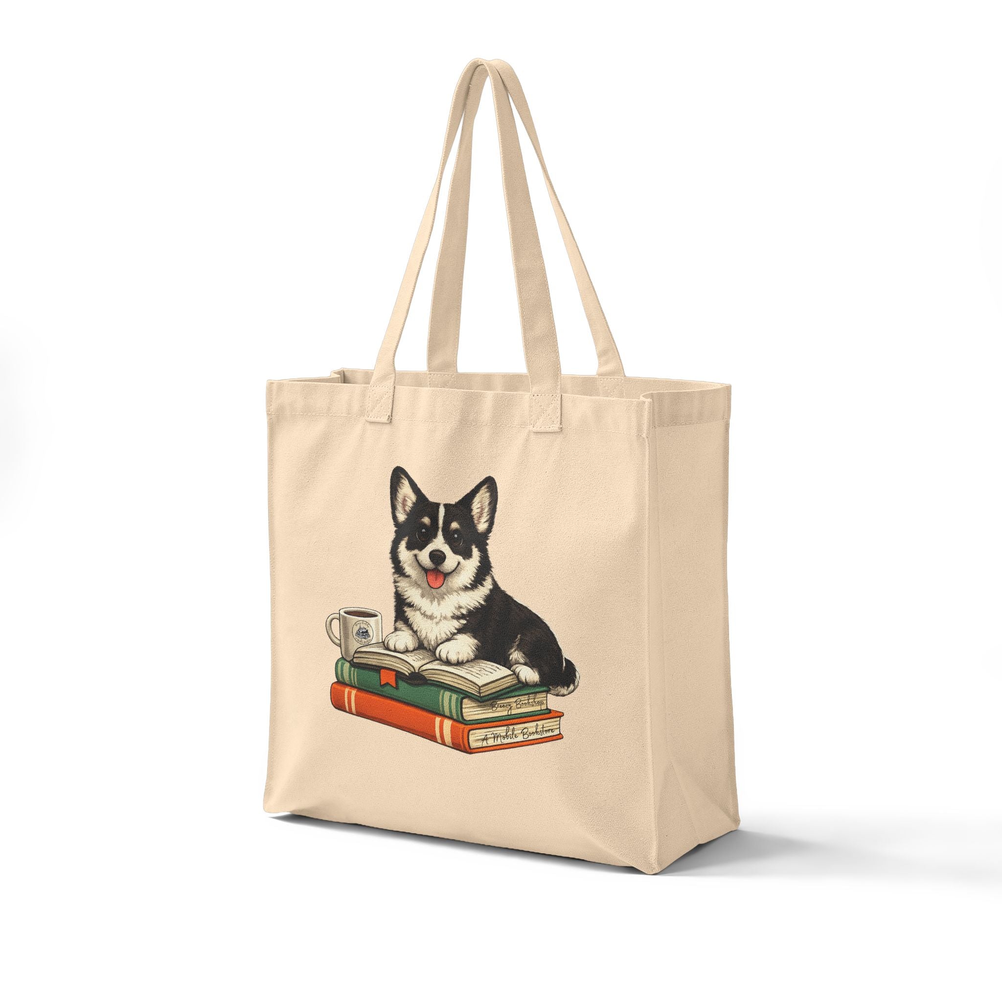 Breezy Bookshop Canvas Tote Bag — Cute Dog, Books & Coffee Grocery Tote