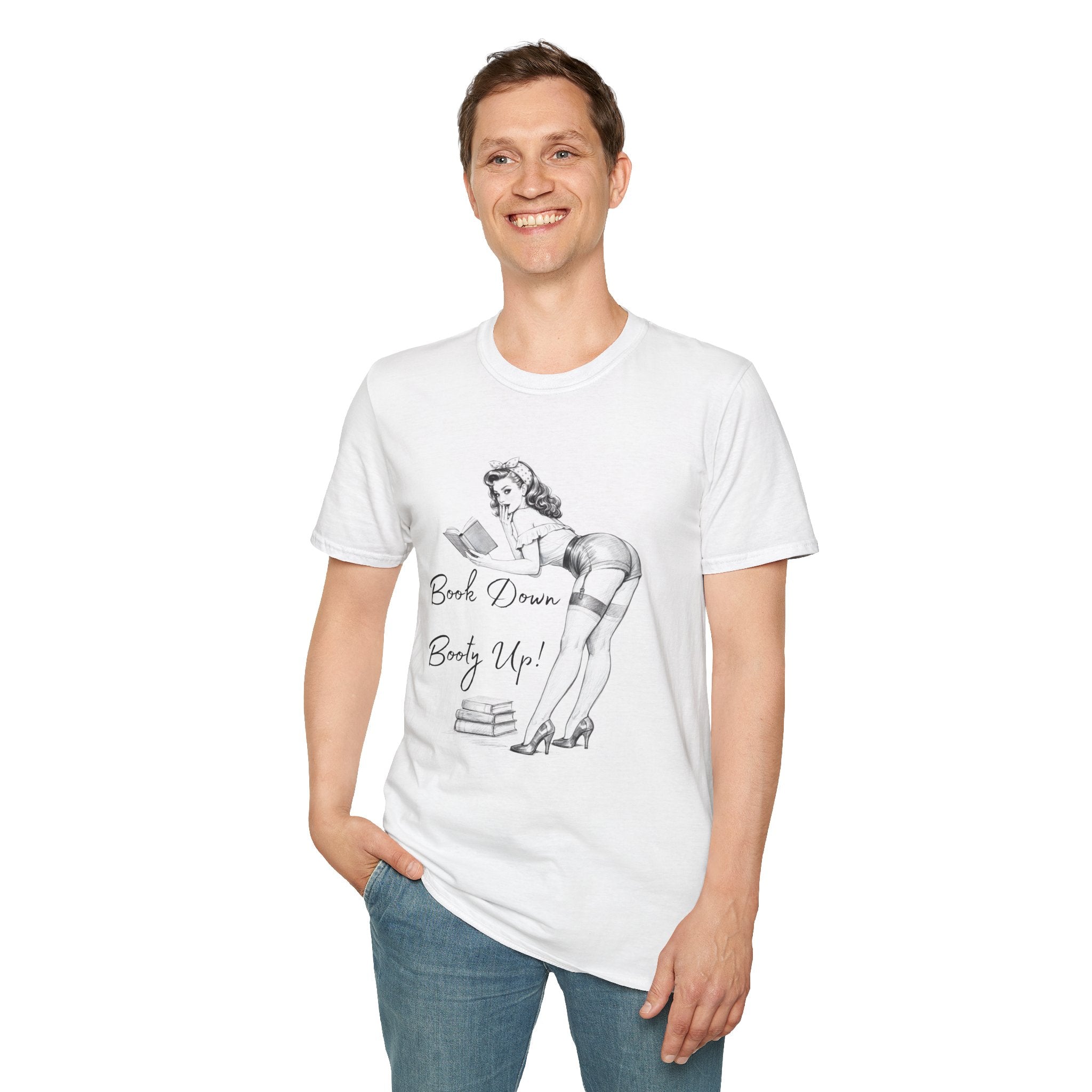 Pinup Reading Tee — "Book Down, Booty Up" Vintage Pin-Up Graphic Shirt