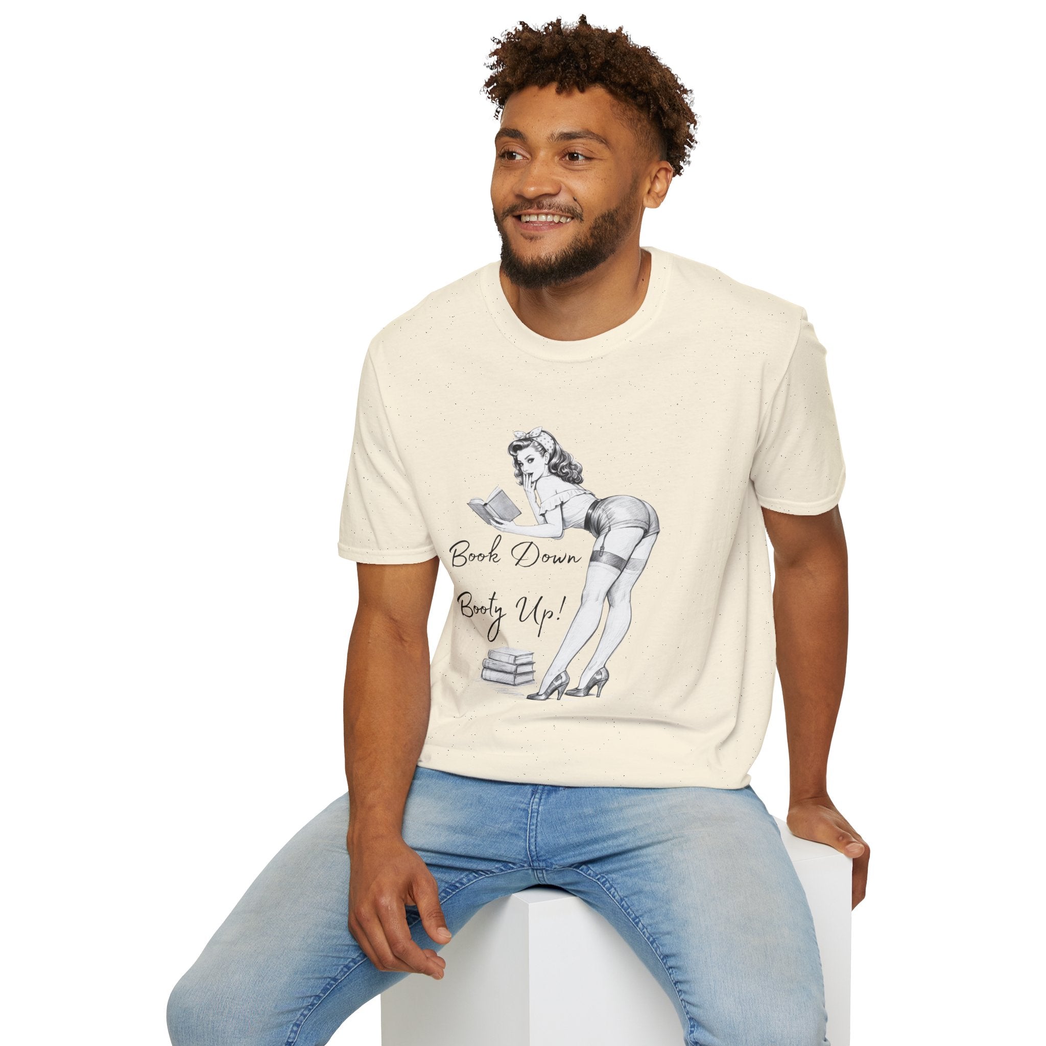 Pinup Reading Tee — "Book Down, Booty Up" Vintage Pin-Up Graphic Shirt