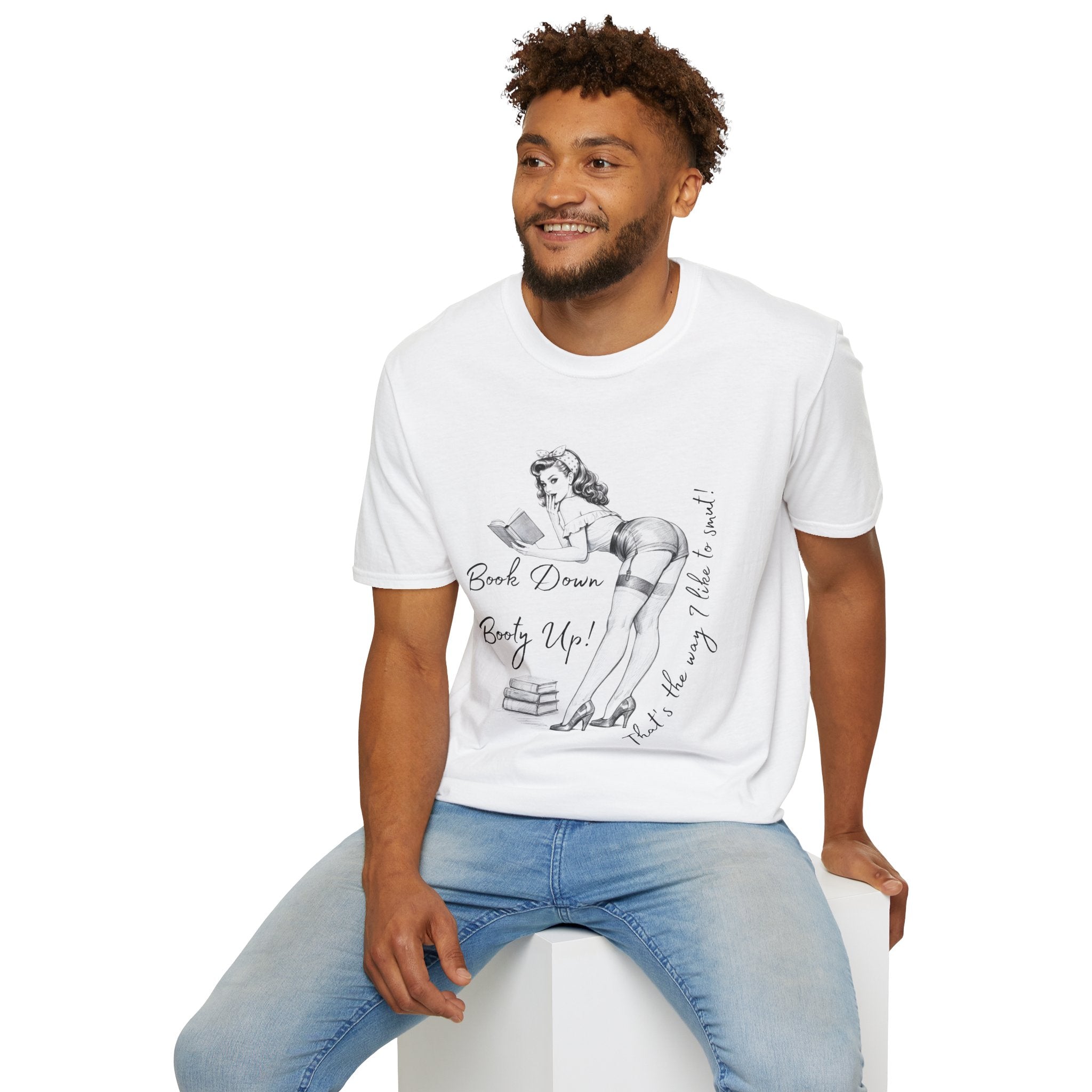 Pinup Booklover T-Shirt — "Book Down Booty Up!" Vintage Reading Tee