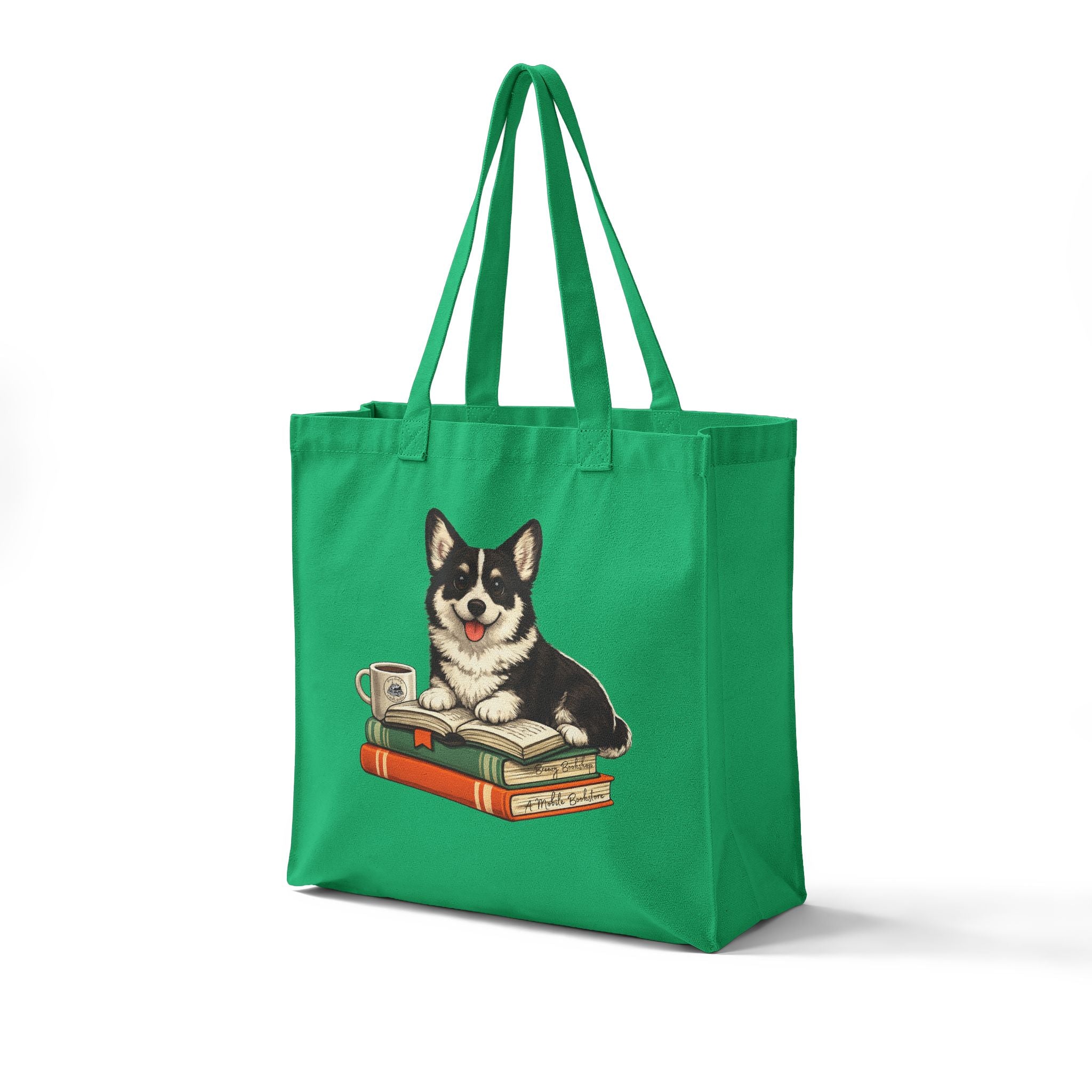 Breezy Bookshop Canvas Tote Bag — Cute Dog, Books & Coffee Grocery Tote