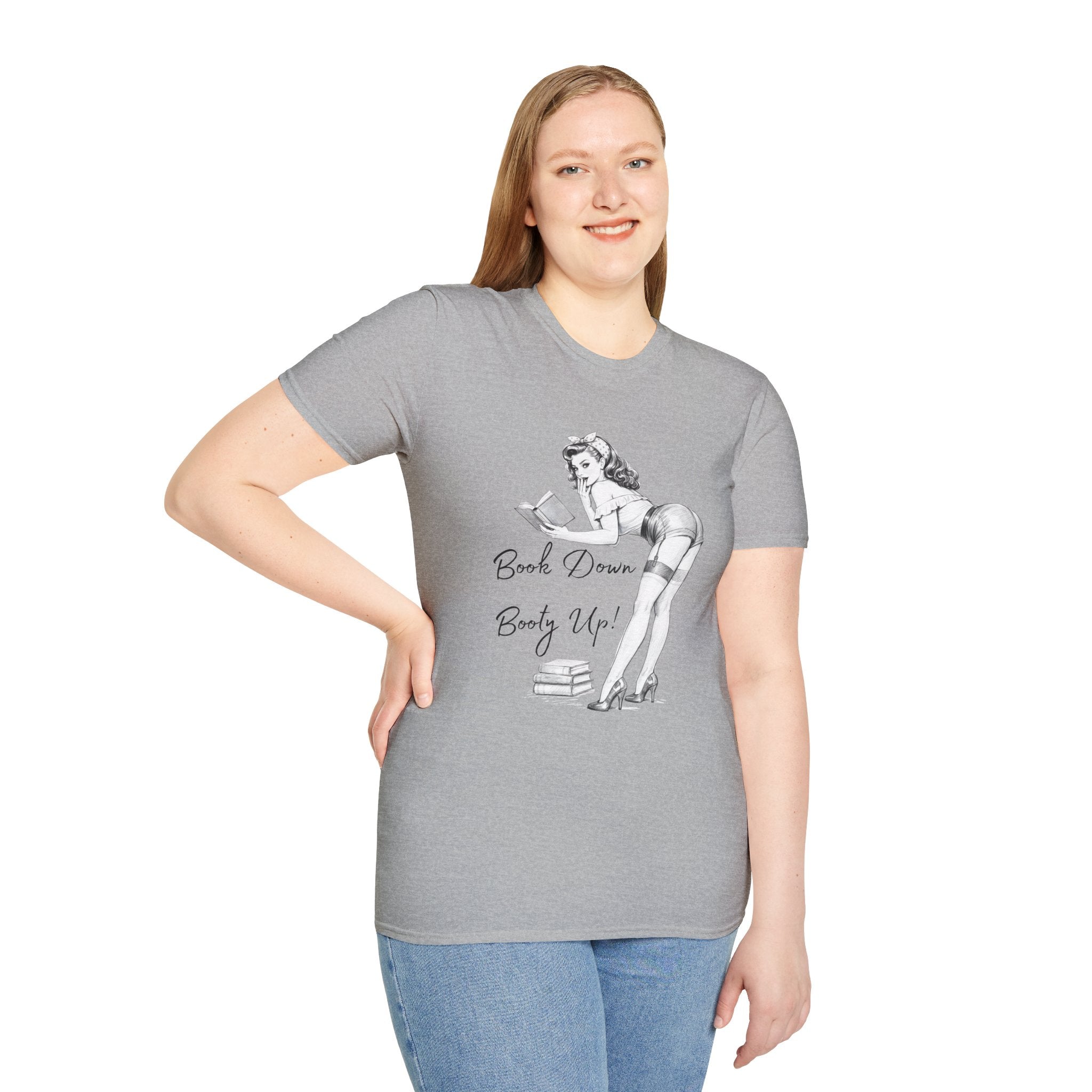 Pinup Reading Tee — "Book Down, Booty Up" Vintage Pin-Up Graphic Shirt