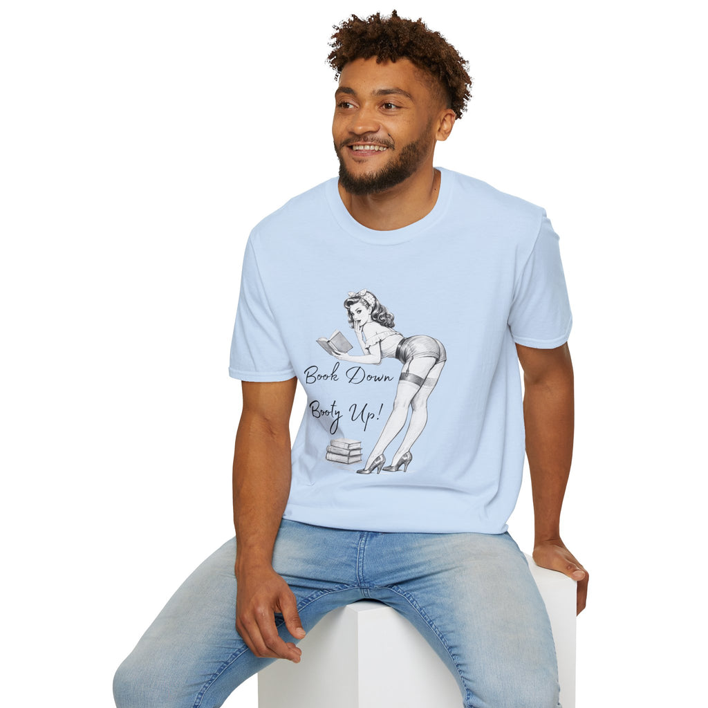 Pinup Reading Tee — "Book Down, Booty Up" Vintage Pin-Up Graphic Shirt