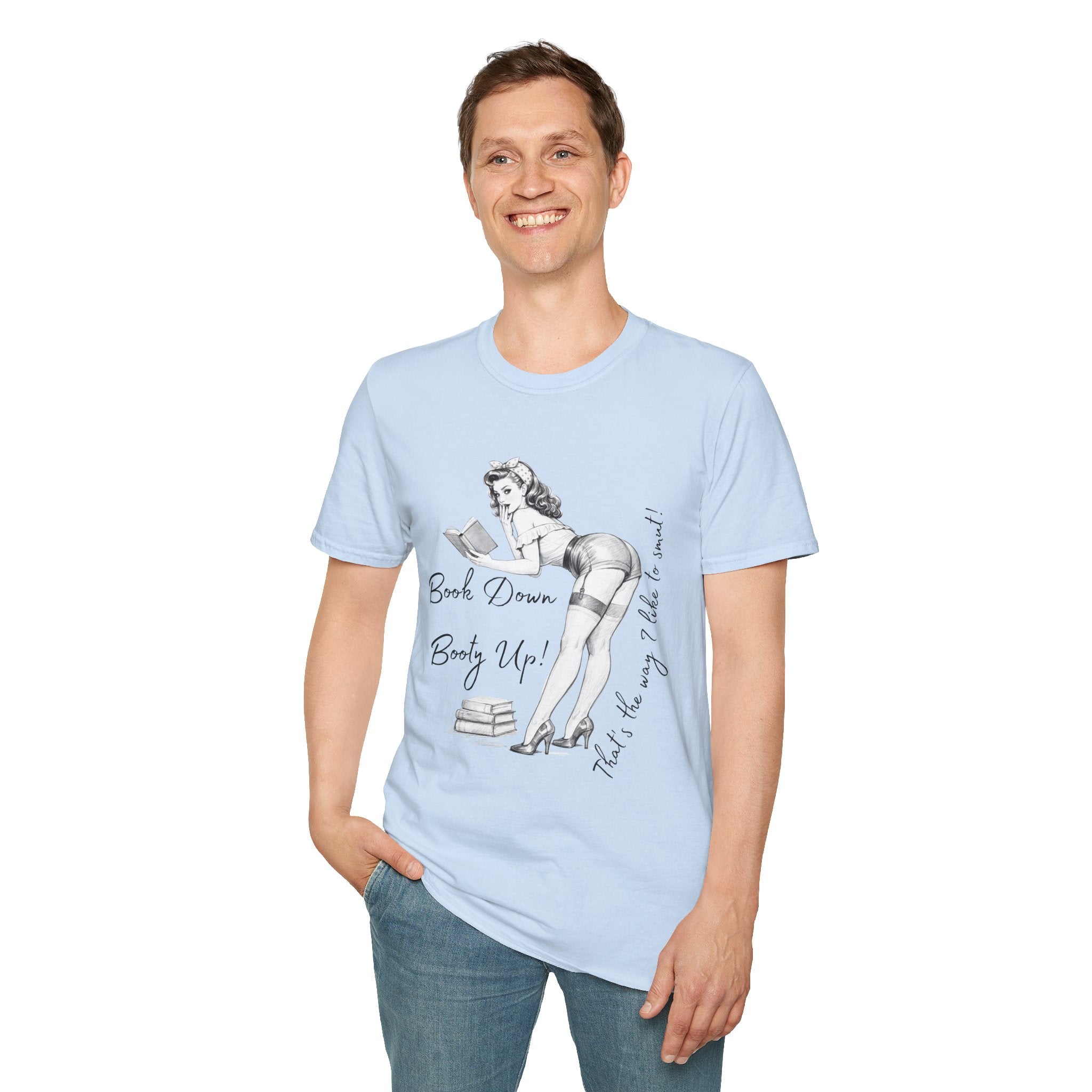 Pinup Booklover T-Shirt — "Book Down Booty Up!" Vintage Reading Tee